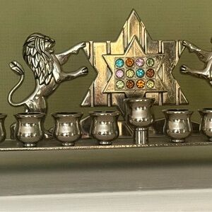 Lions and Star of David and Hoshen Hanukkah Menorah 11”